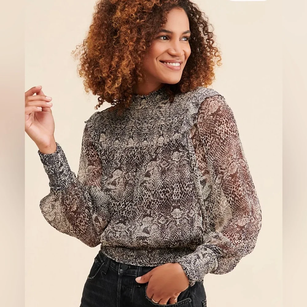 Free People Roma Blouse Snake Size S  Double Tie Back Smocking